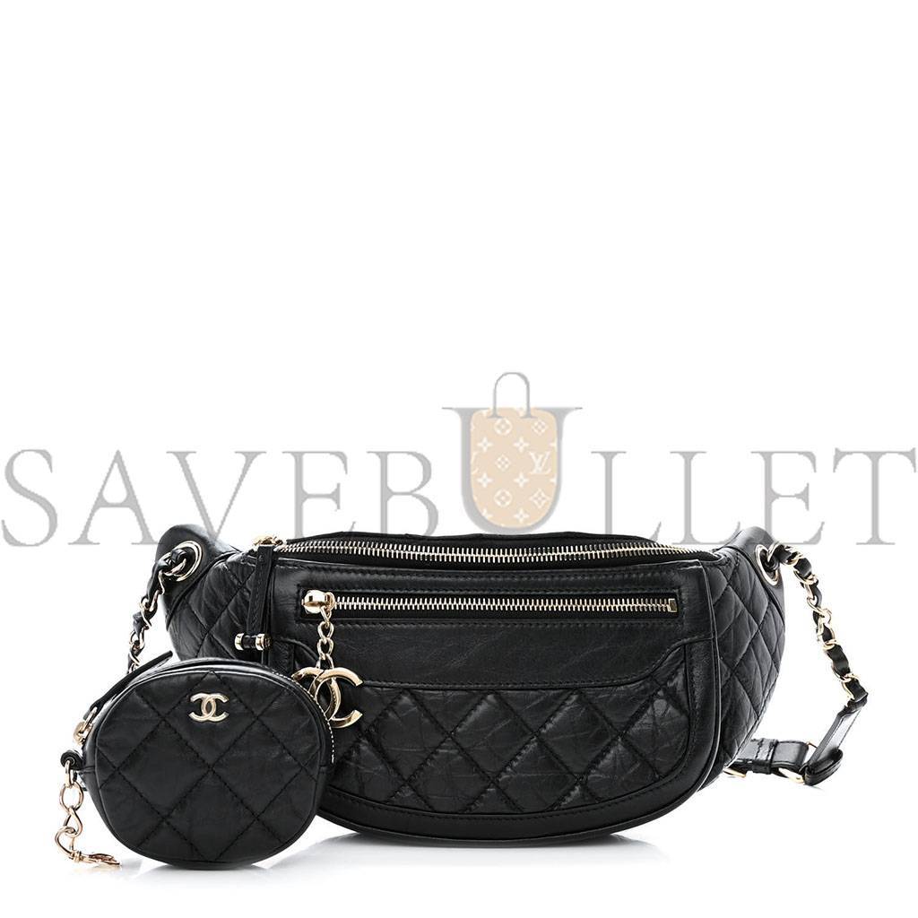 Ch*el calfskin quilted waist bag with coin purse black (22*15*3cm)